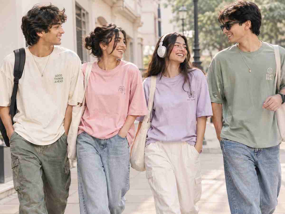 Fashion Hub young friends wearing pastel casual and unisex streetwear