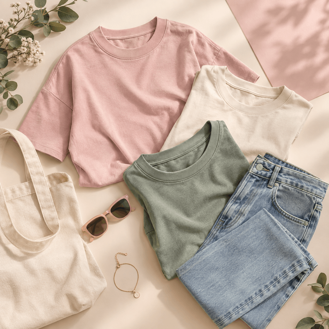 Fashion Hub casual unisex clothing flat lay featuring pastel cotton T-shirts, light-wash denim jeans and minimalist accessories.
