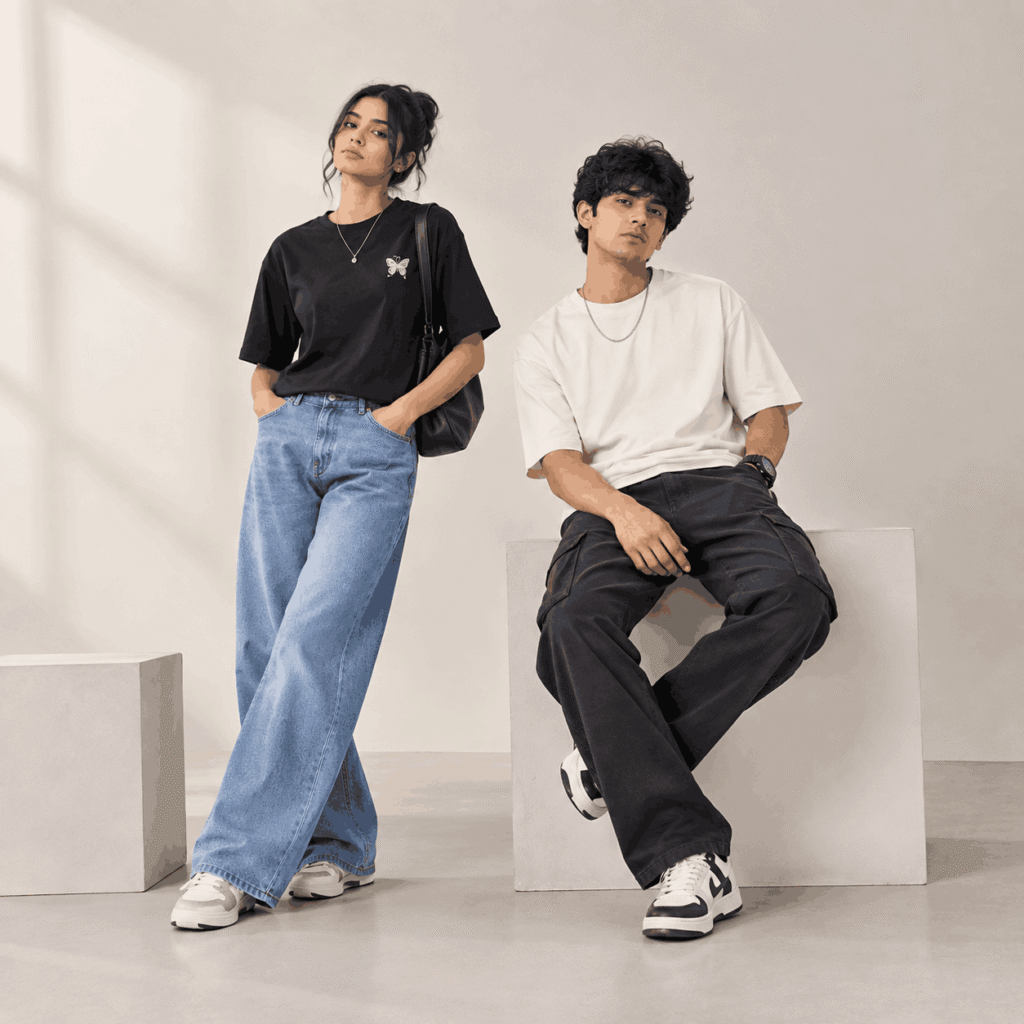 Stylish Gen-Z models wearing trendy jeans, trousers, oversized T-shirts and modern unisex streetwear from Fashion Hub.