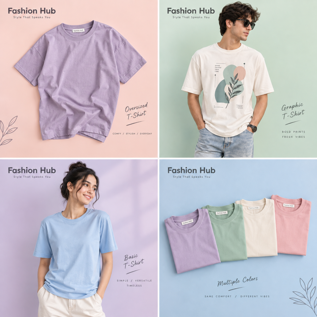 Fashion Hub pastel T-shirt collection featuring an oversized lavender T-shirt, a graphic printed T-shirt on a male model, a plain blue basic T-shirt on a female model, and folded T-shirts in multiple pastel colors.